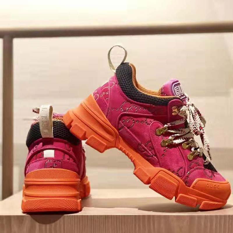 Gucci Unisex Flashtrek Sneaker with Crystals in GG Velvet with Leather 5.6 cm Heel-Pink