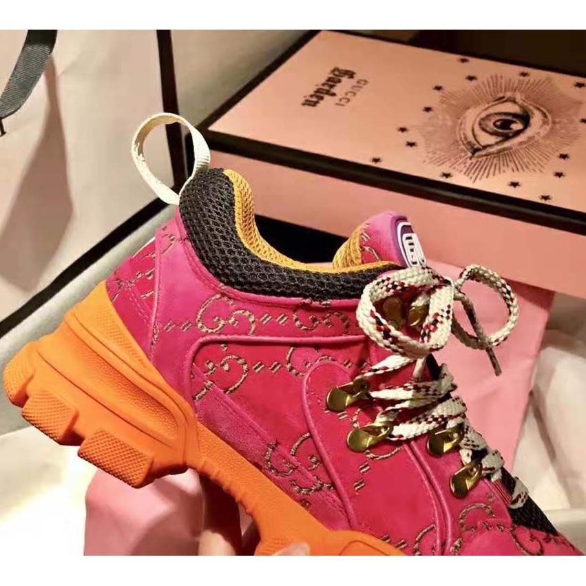 Gucci Unisex Flashtrek Sneaker with Crystals in GG Velvet with Leather 5.6 cm Heel-Pink
