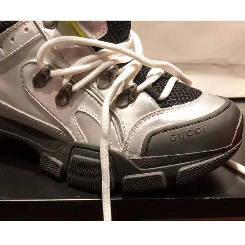 Gucci Unisex Flashtrek Sneaker with Crystals in Silver Metallic Leather 5.6 cm Heel
