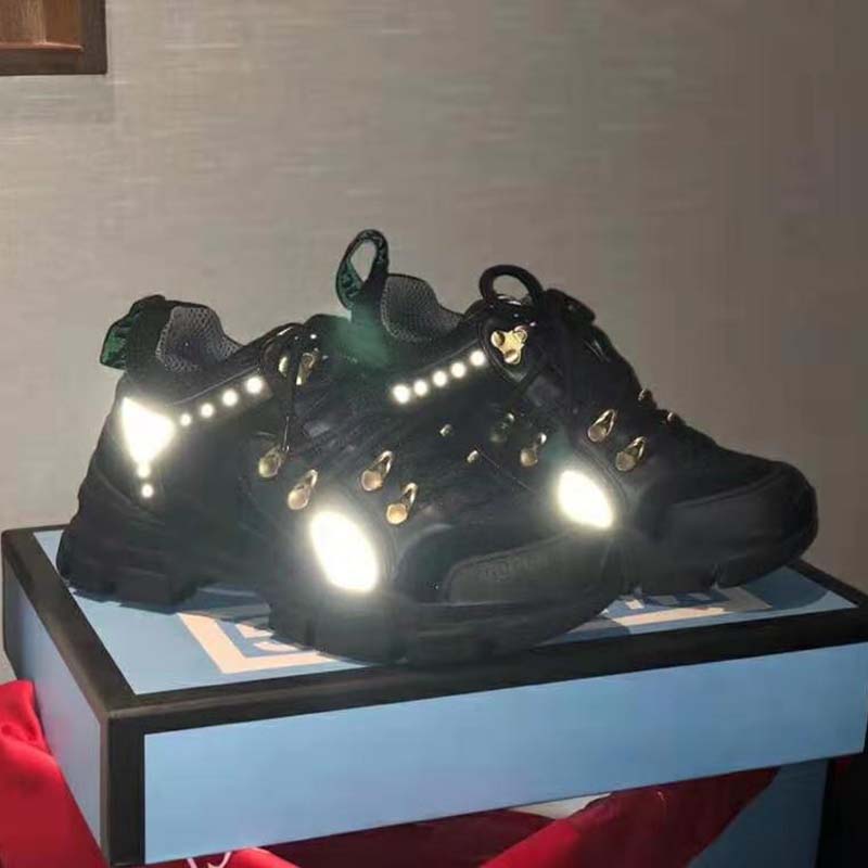 Gucci Unisex Flashtrek Sneaker with Removable Crystals in Black Leather 5.6 cm Heel