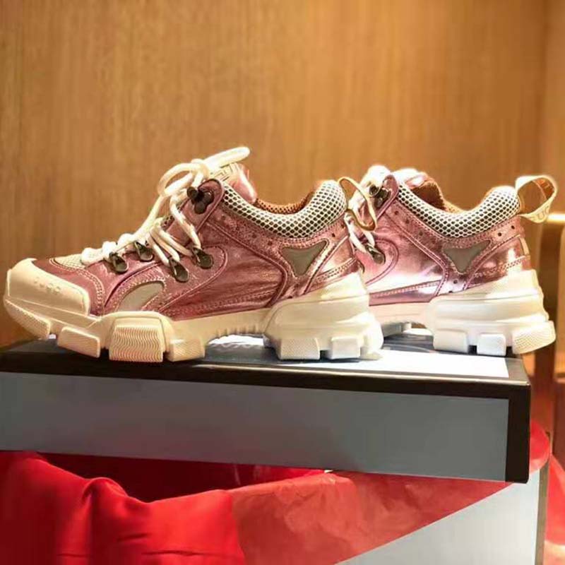 Gucci Unisex Flashtrek Sneaker with Removable Crystals in Pink Metallic Leather 5.6 cm Heel