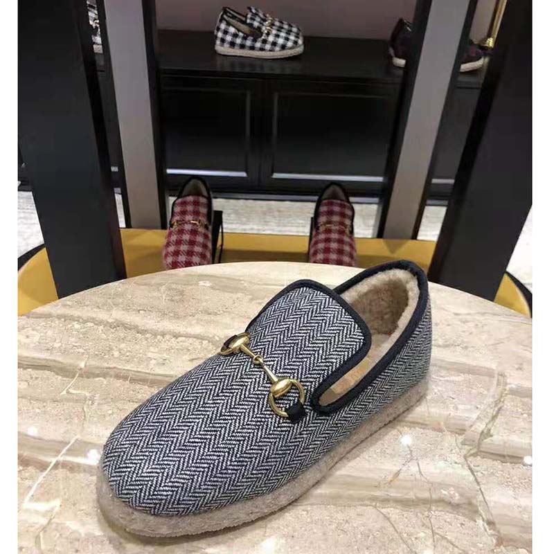 Gucci Unisex GG Herringbone Loafer in Blue and White Herringbone