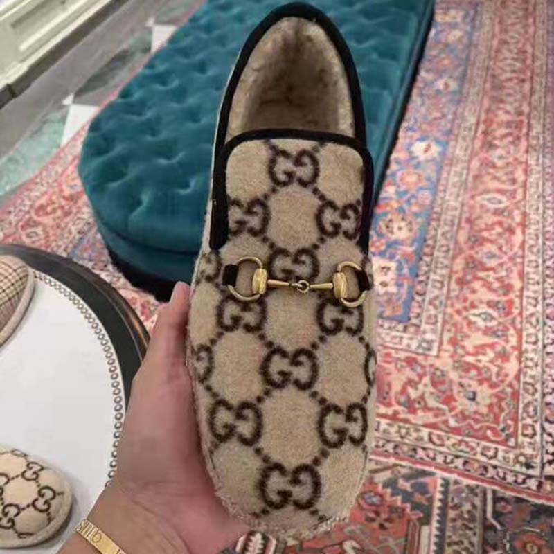 Gucci Unisex GG Wool Loafer in Beige and Ebony GG Wool