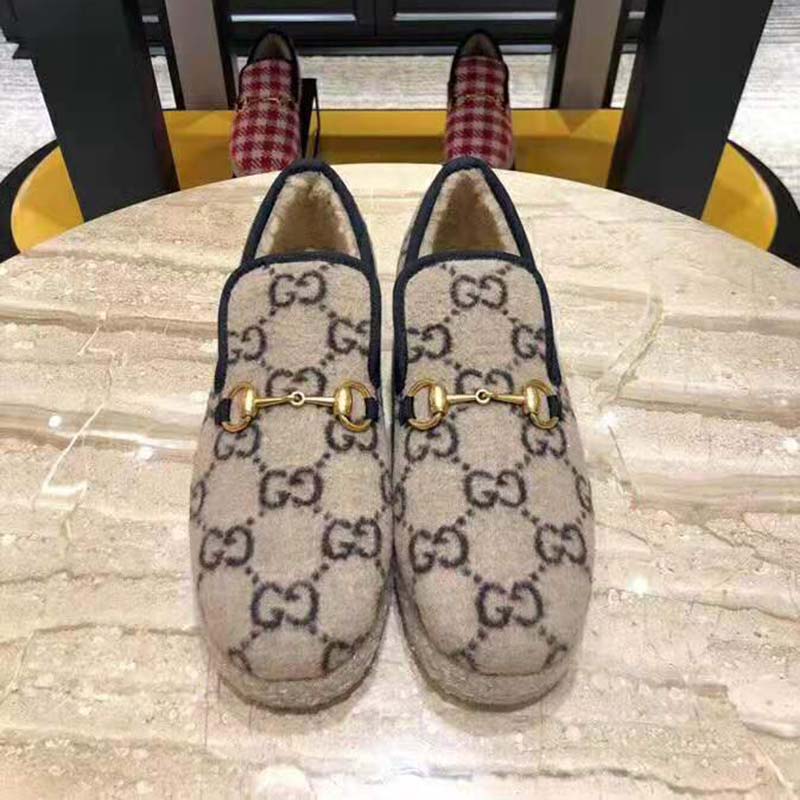 Gucci Unisex GG Wool Loafer in Beige and Ebony GG Wool