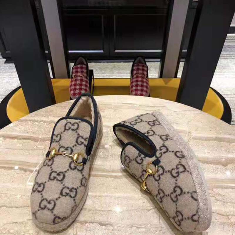 Gucci Unisex GG Wool Loafer in Beige and Ebony GG Wool