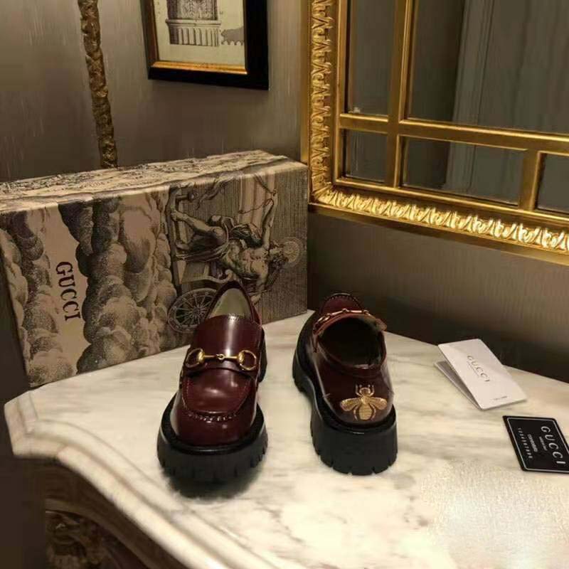 Gucci Unisex Leather Lug Sole Horsebit Loafer in Bordeaux Leather 4.6 cm Heel