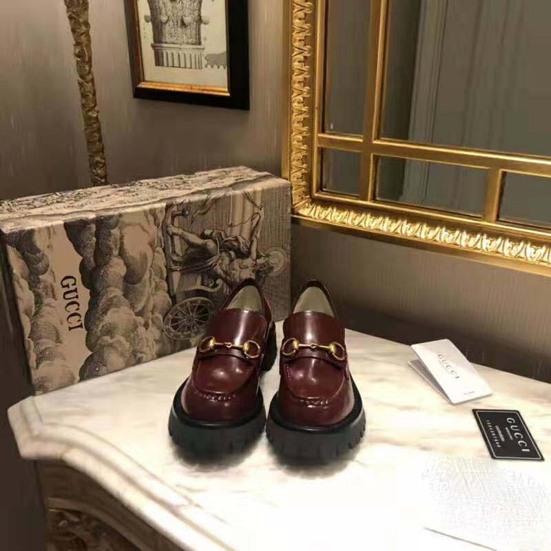 Gucci Unisex Leather Lug Sole Horsebit Loafer in Bordeaux Leather 4.6 cm Heel