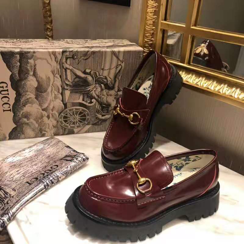 Gucci Unisex Leather Lug Sole Horsebit Loafer in Bordeaux Leather 4.6 cm Heel