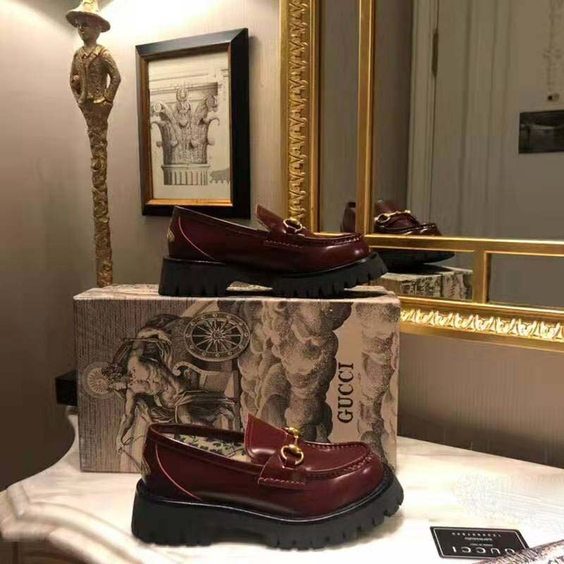 Gucci Unisex Leather Lug Sole Horsebit Loafer in Bordeaux Leather 4.6 cm Heel