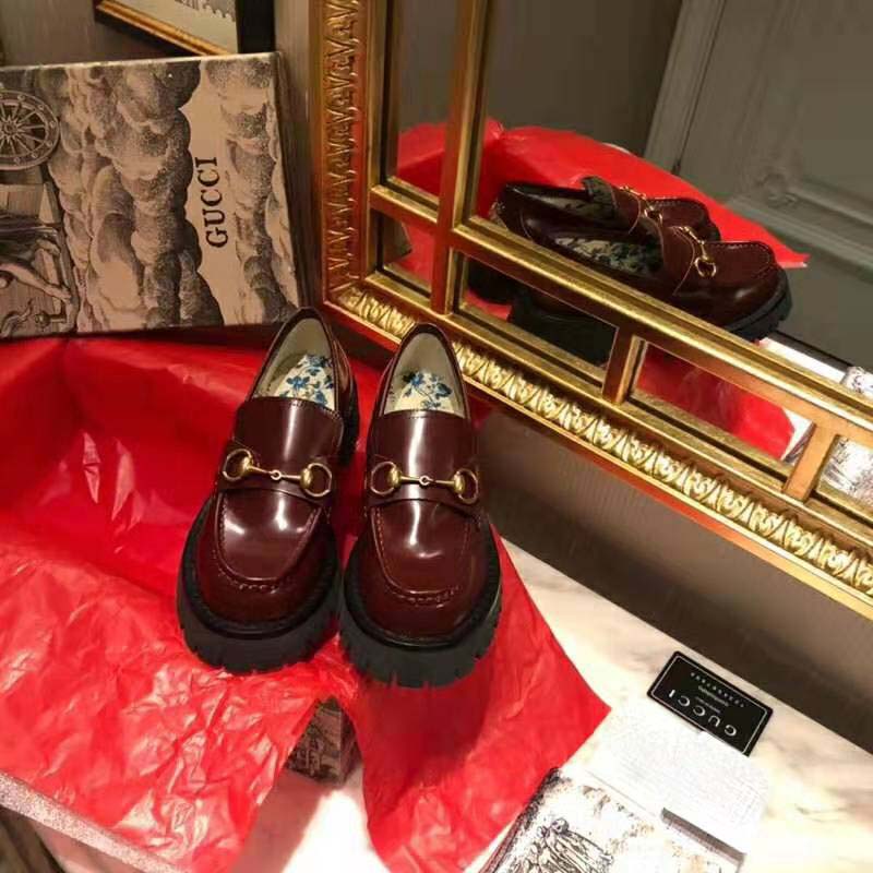 Gucci Unisex Leather Lug Sole Horsebit Loafer in Bordeaux Leather 4.6 cm Heel
