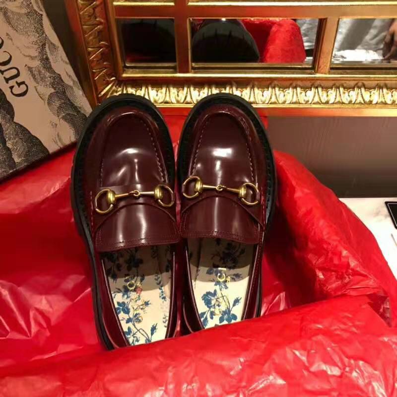 Gucci Unisex Leather Lug Sole Horsebit Loafer in Bordeaux Leather 4.6 cm Heel