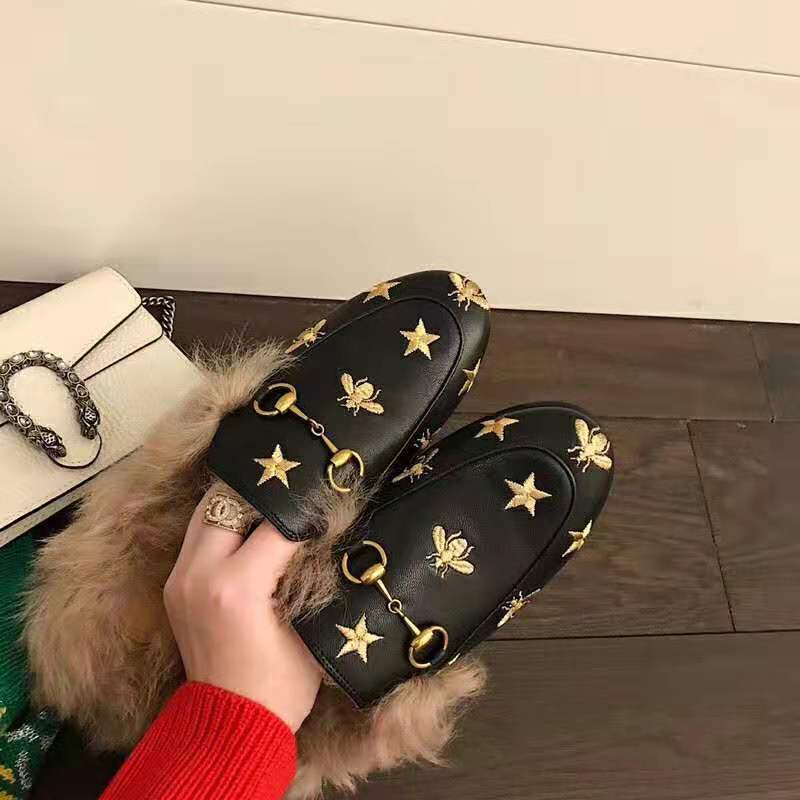 Gucci Unisex Princetown Embroidered Leather Slipper with Bees and Stars in Lamb Wool-Black