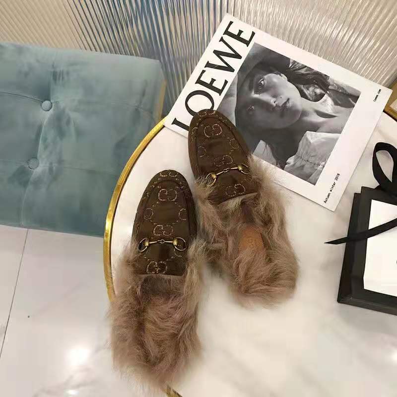 Gucci Unisex Princetown GG Velvet Slipper in Lamb Wool-Brown