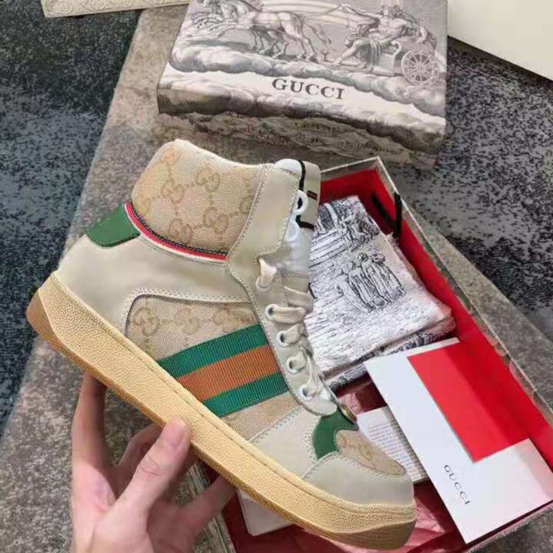 Gucci Unisex Screener GG High-Top Sneaker in Beige Original GG Canvas and Leather