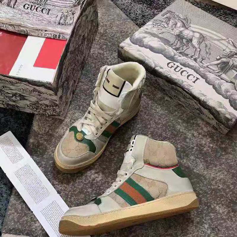 Gucci Unisex Screener GG High-Top Sneaker in Beige Original GG Canvas and Leather