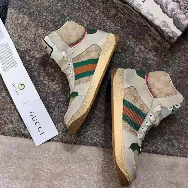 Gucci Unisex Screener GG High-Top Sneaker in Beige Original GG Canvas and Leather