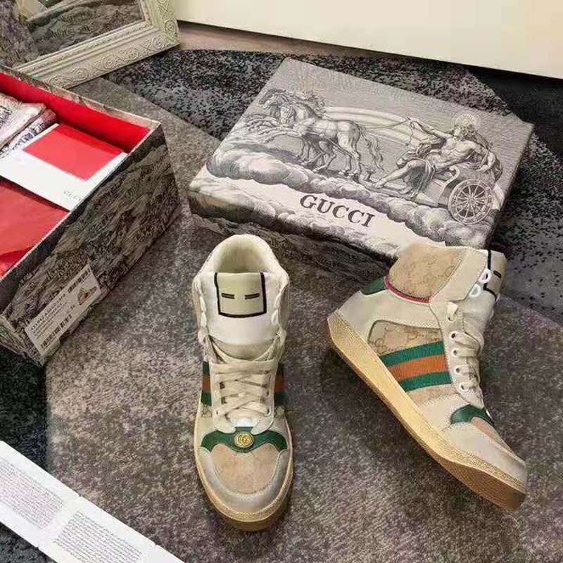 Gucci Unisex Screener GG High-Top Sneaker in Beige Original GG Canvas and Leather