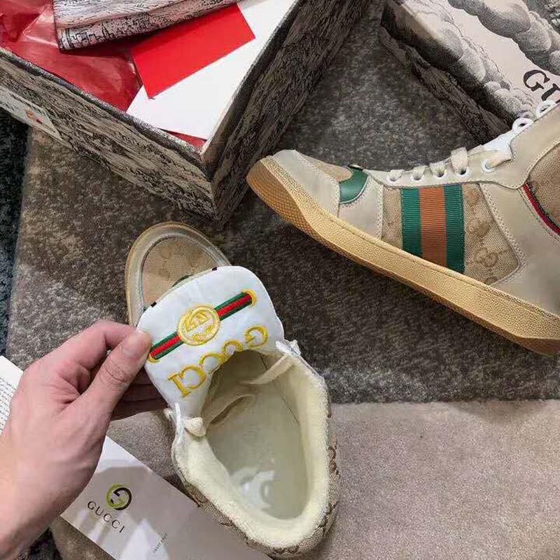 Gucci Unisex Screener GG High-Top Sneaker in Beige Original GG Canvas and Leather
