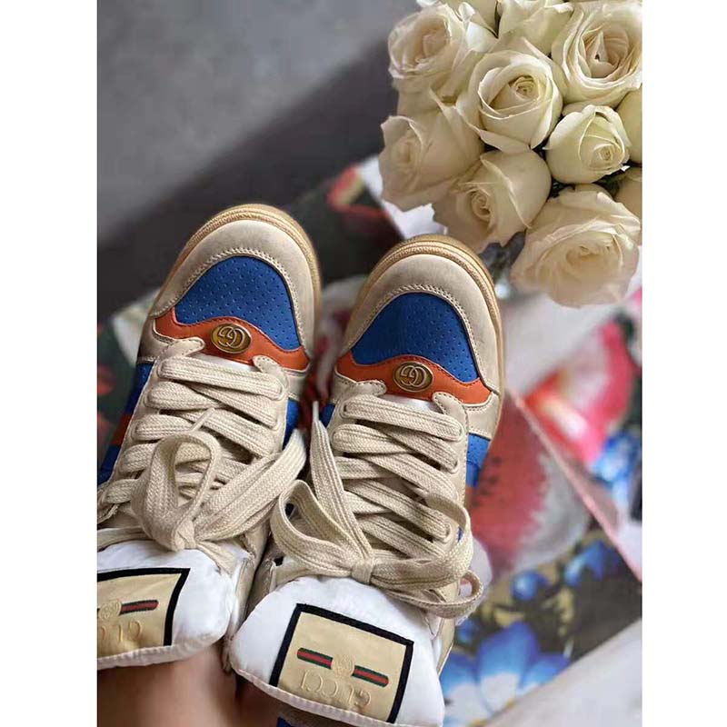 Gucci Unisex Screener GG High-Top Sneaker in Blue Perforated and Off-White Leather