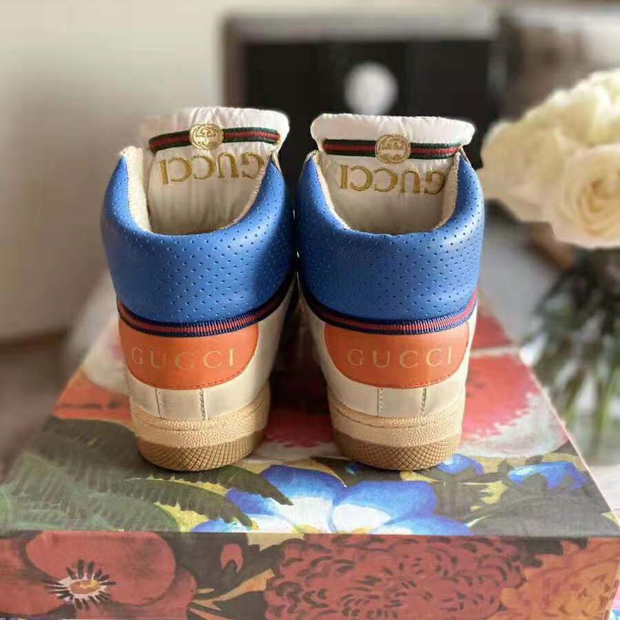 Gucci Unisex Screener GG High-Top Sneaker in Blue Perforated and Off-White Leather