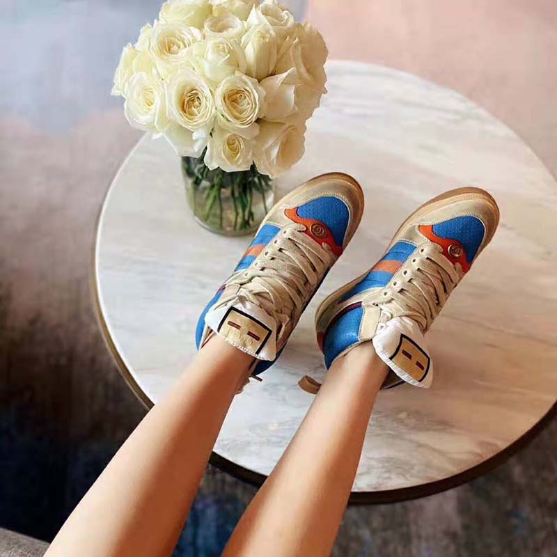 Gucci Unisex Screener GG High-Top Sneaker in Blue Perforated and Off-White Leather