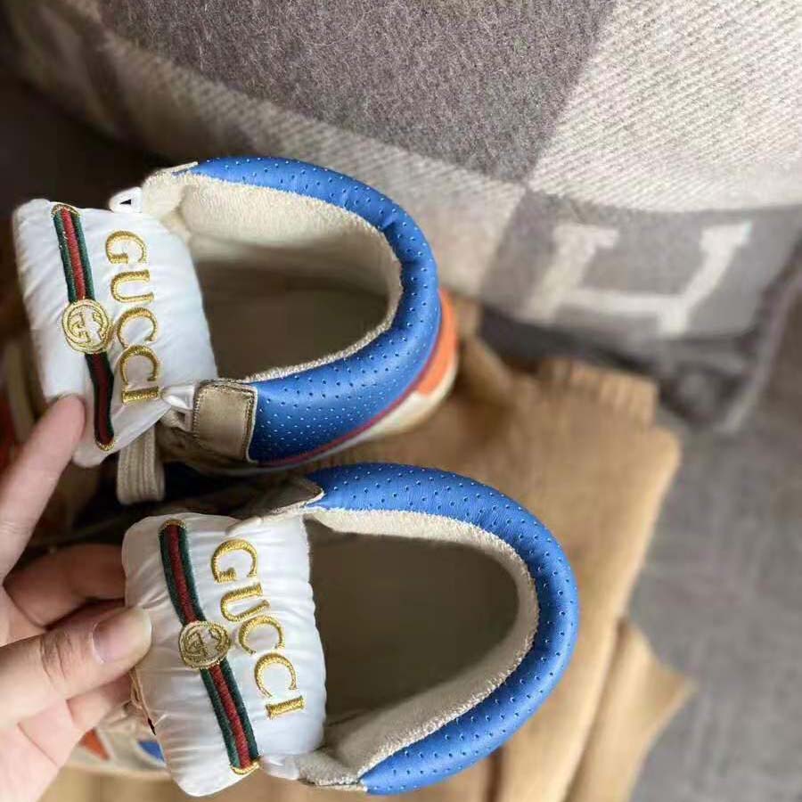 Gucci Unisex Screener GG High-Top Sneaker in Blue Perforated and Off-White Leather