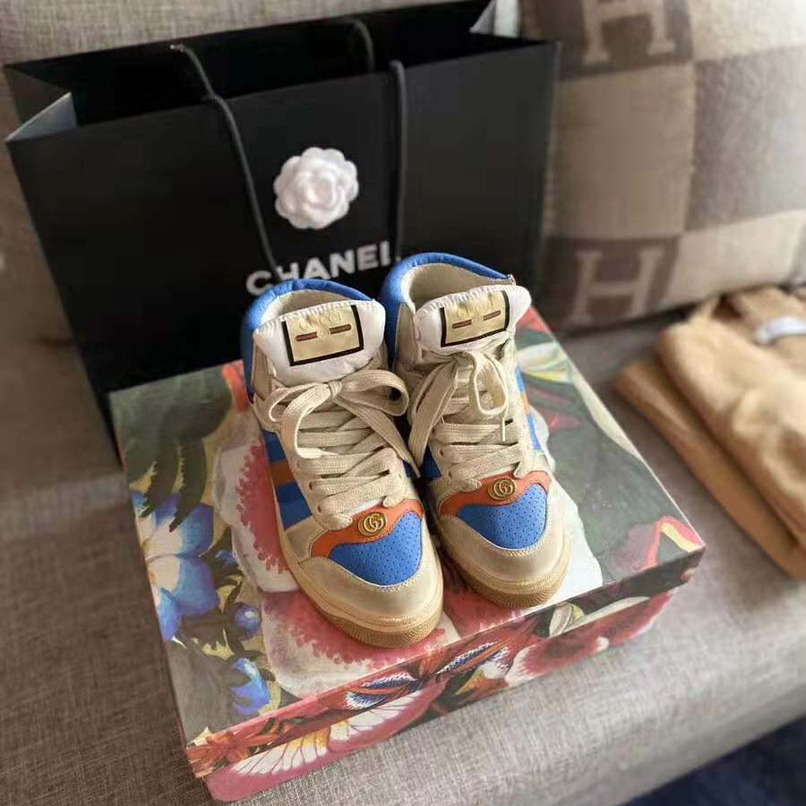 Gucci Unisex Screener GG High-Top Sneaker in Blue Perforated and Off-White Leather