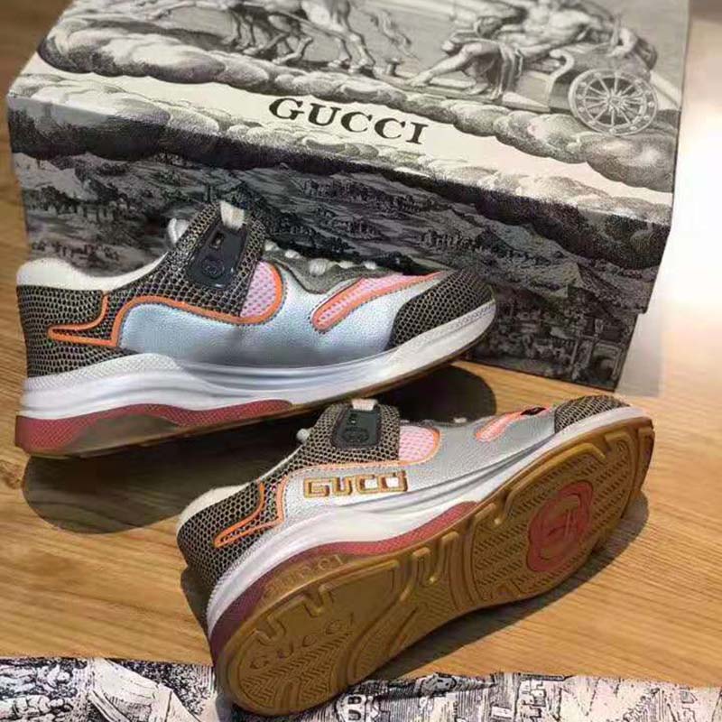 Gucci Unisex Ultrapace Sneaker with Embroidered Gucci and Interlocking G in Metallic Leather-Grey