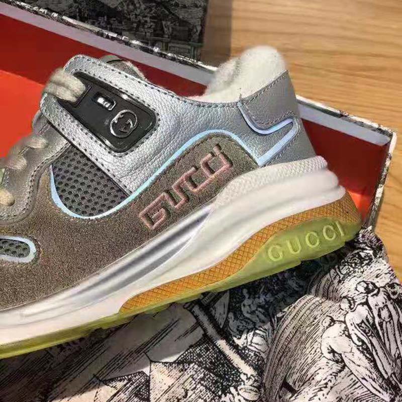 Gucci Unisex Ultrapace Sneaker with Embroidered Gucci and Interlocking G in Metallic Leather-Silver
