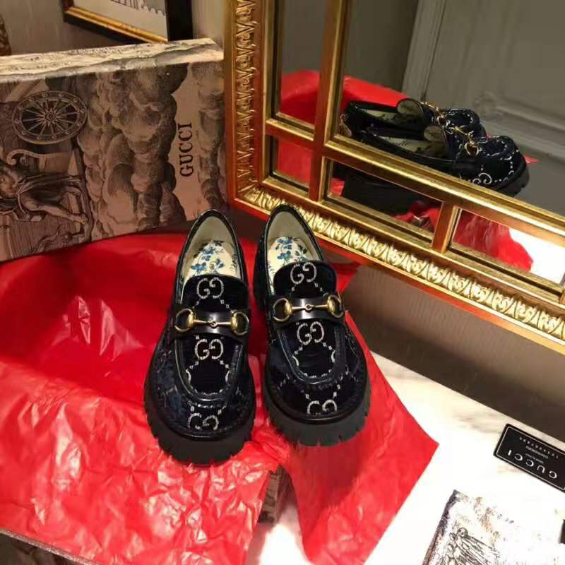 Gucci Women GG Velvet Lug Sole Loafer in GG Velvet 2.5 cm Heel-Navy