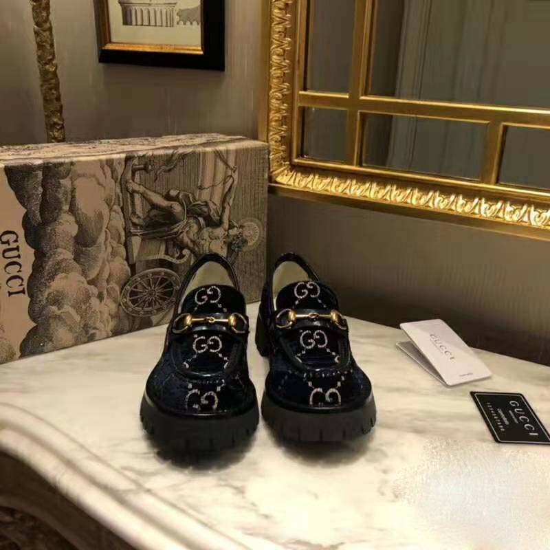 Gucci Women GG Velvet Lug Sole Loafer in GG Velvet 2.5 cm Heel-Navy