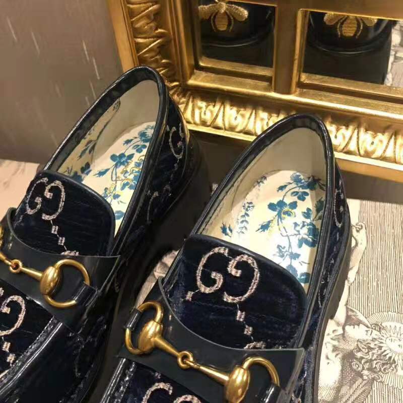 Gucci Women GG Velvet Lug Sole Loafer in GG Velvet 2.5 cm Heel-Navy