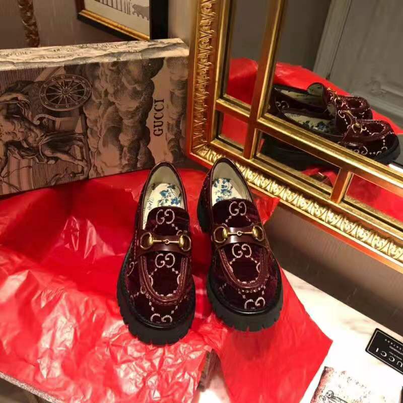 Gucci Women GG Velvet Lug Sole Loafer in GG Velvet 2.5 cm Heel-Red