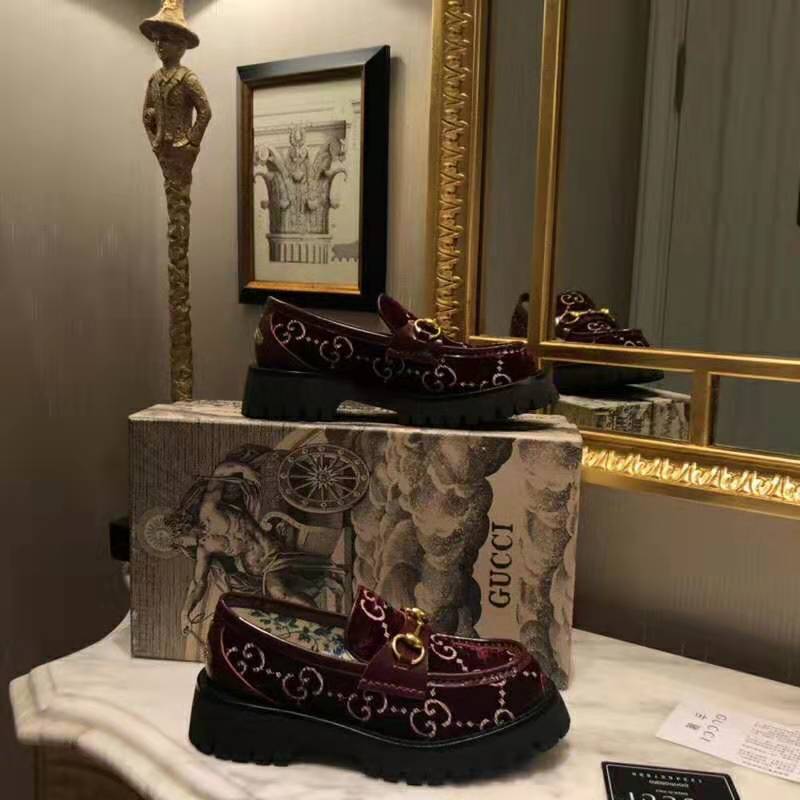Gucci Women GG Velvet Lug Sole Loafer in GG Velvet 2.5 cm Heel-Red