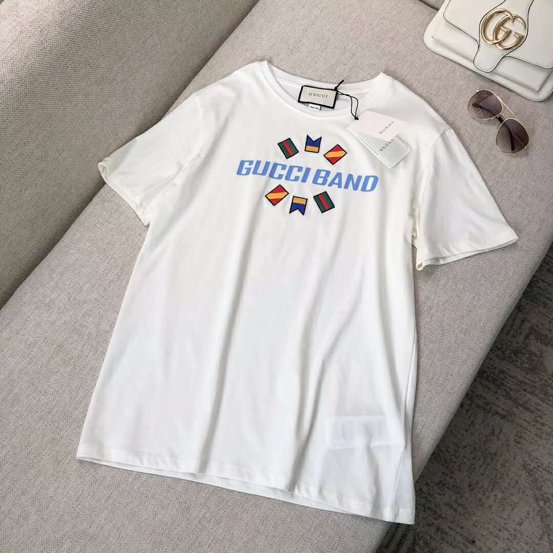 Gucci Women Gucci Band Oversize Print T-Shirt in White Cotton Jersey