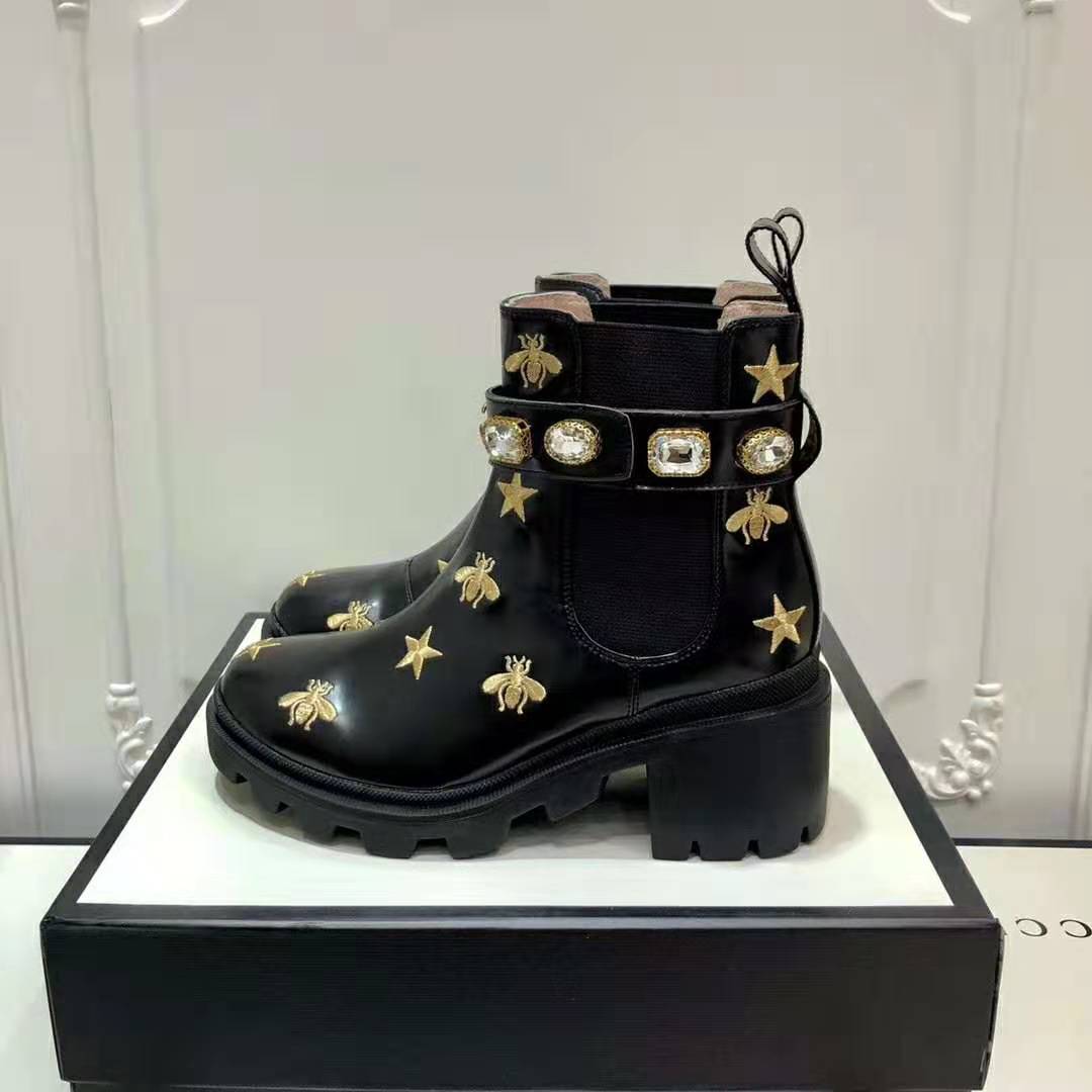 Gucci Women Gucci Embroidered Leather Ankle Boot with Belt in Black leather 6 cm Heel