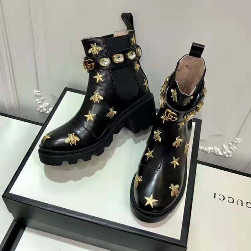 Gucci Women Gucci Embroidered Leather Ankle Boot with Belt in Black leather 6 cm Heel