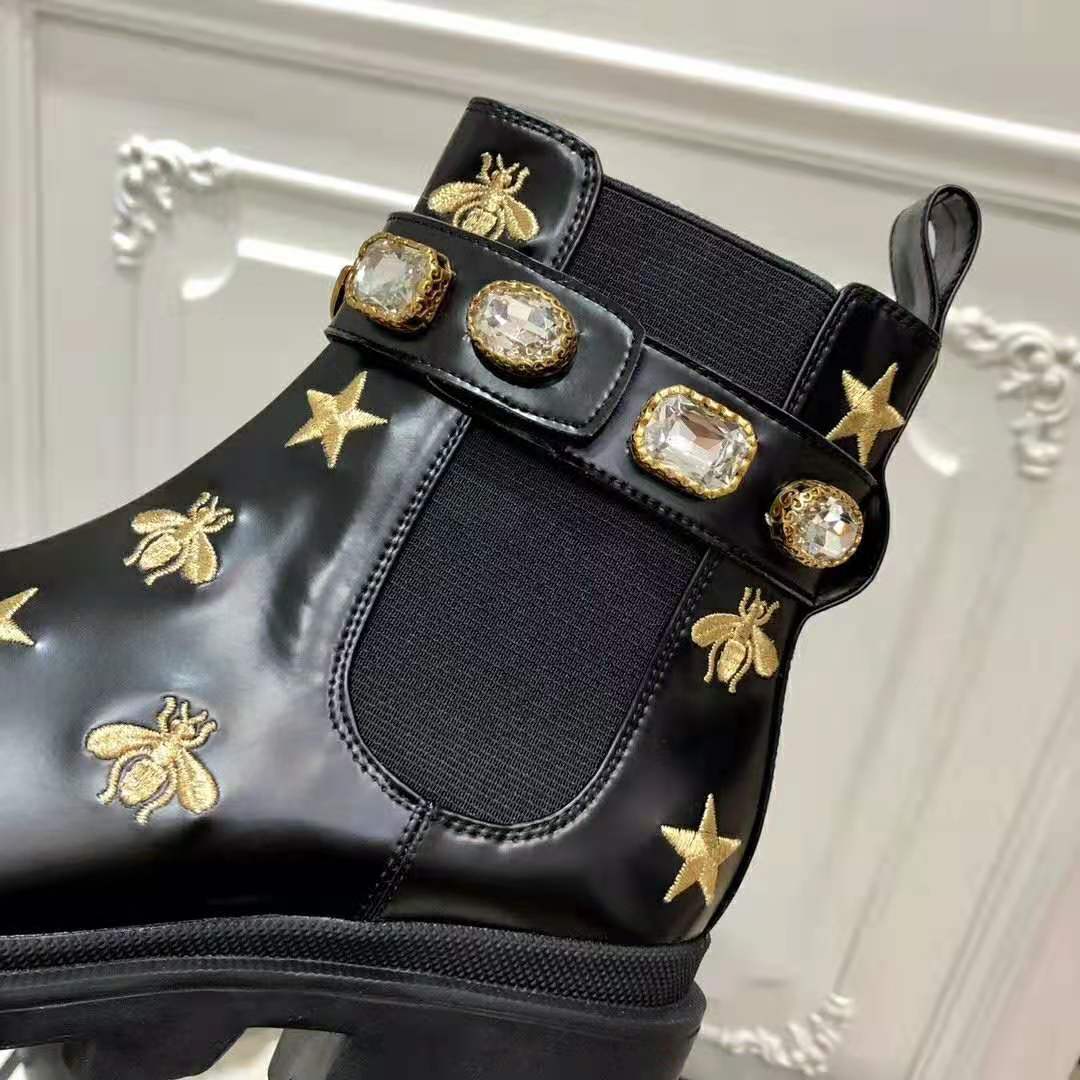 Gucci Women Gucci Embroidered Leather Ankle Boot with Belt in Black leather 6 cm Heel