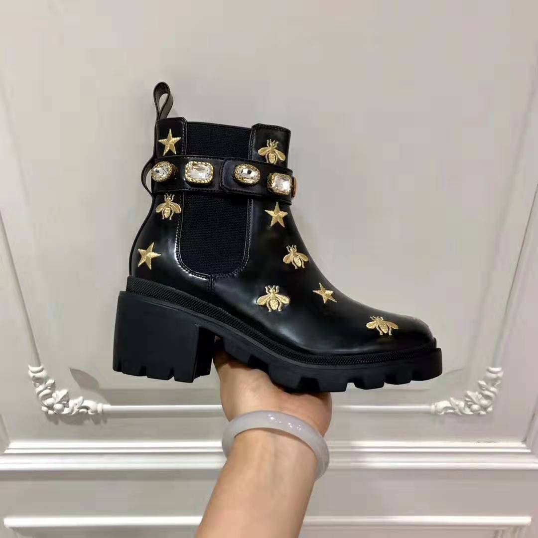 Gucci Women Gucci Embroidered Leather Ankle Boot with Belt in Black leather 6 cm Heel