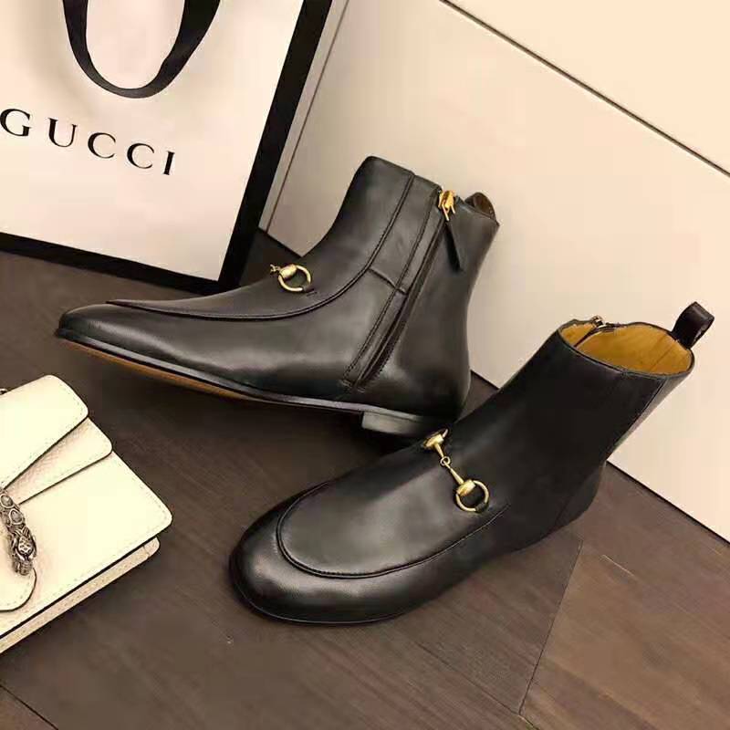Gucci Women Gucci Jordaan Leather Ankle Boot in Black Leather 1.3 cm Heel