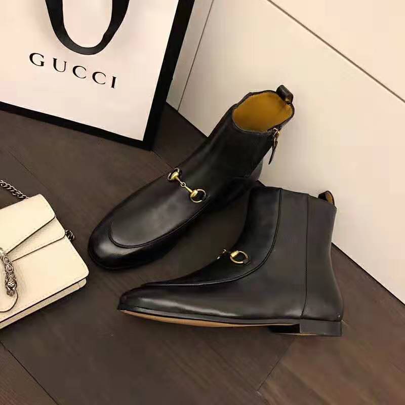 Gucci Women Gucci Jordaan Leather Ankle Boot in Black Leather 1.3 cm Heel