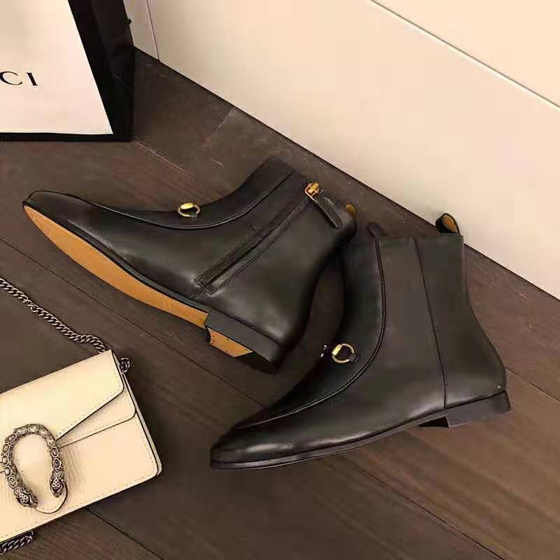 Gucci Women Gucci Jordaan Leather Ankle Boot in Black Leather 1.3 cm Heel