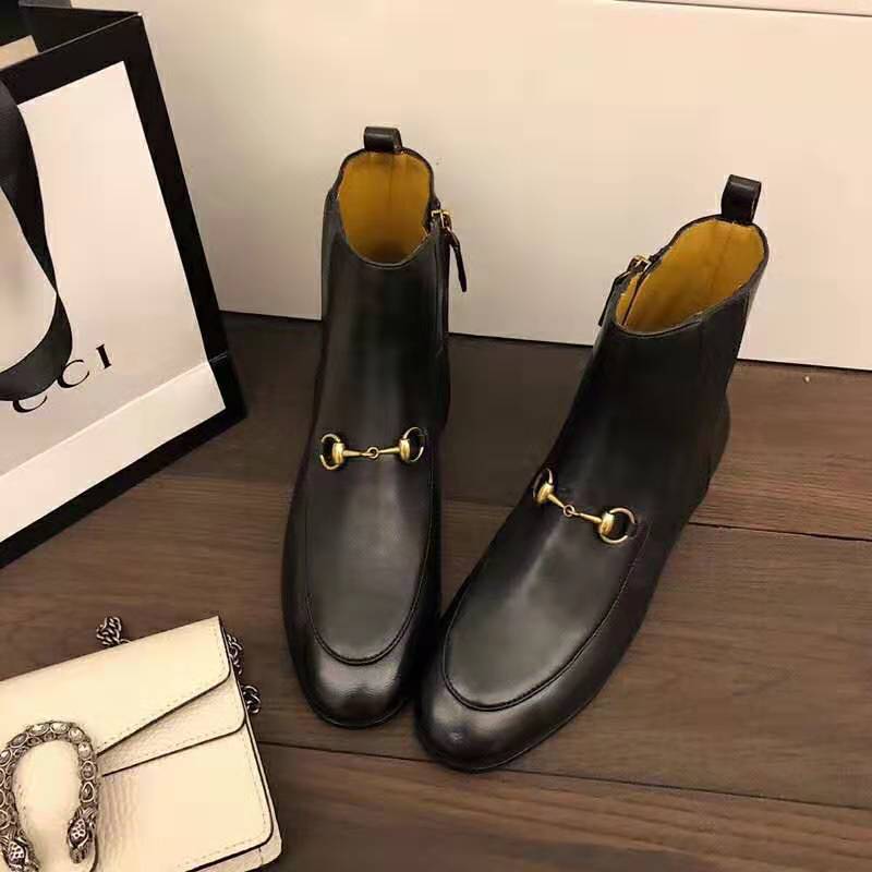 Gucci Women Gucci Jordaan Leather Ankle Boot in Black Leather 1.3 cm Heel