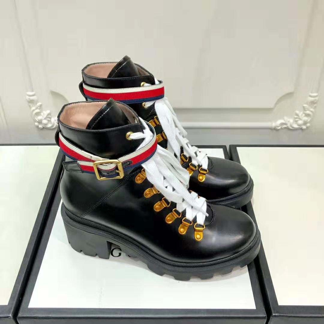 Gucci Women Gucci Leather Ankle Boot with Sylvie Web in Black Leather 2.5 cm Heel