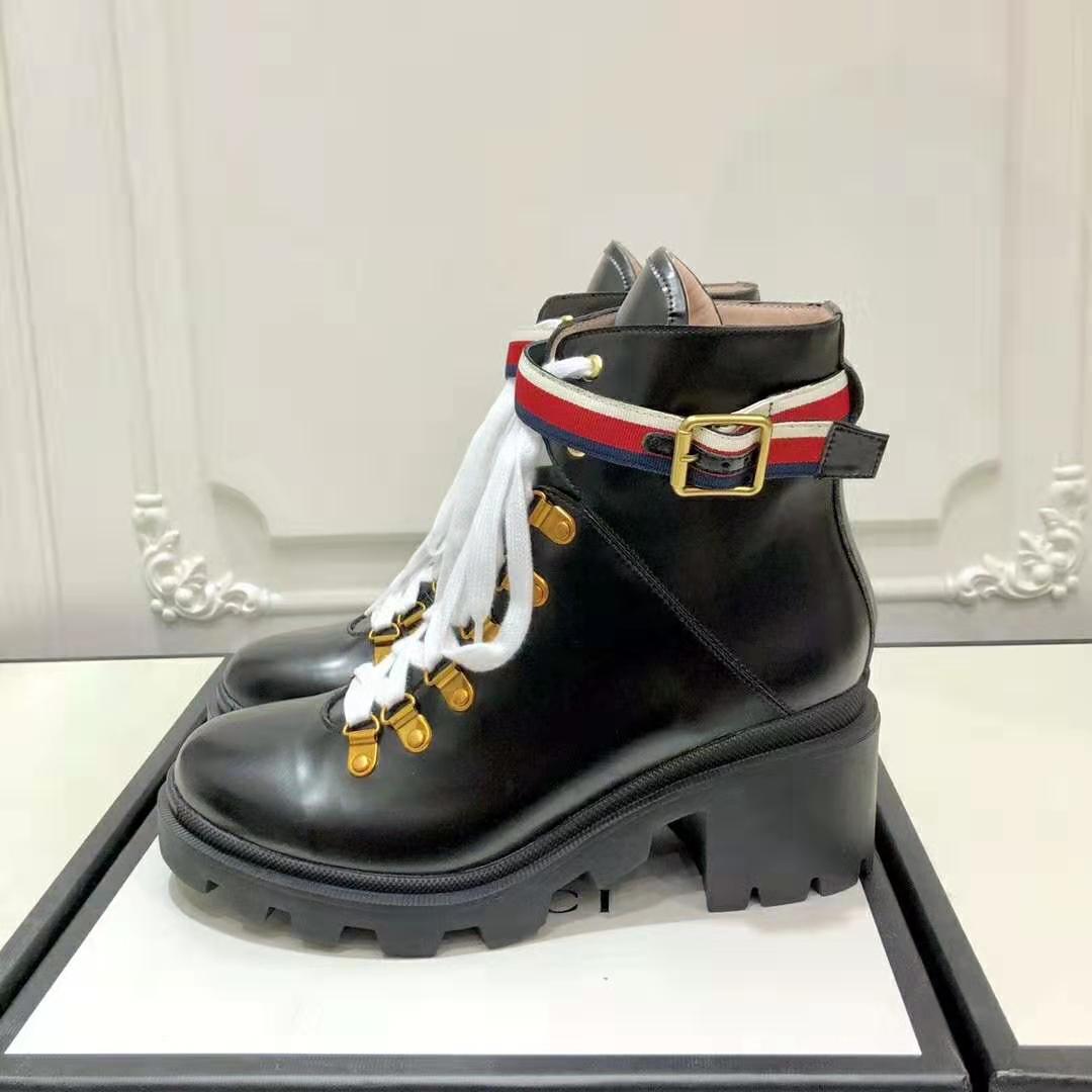 Gucci Women Gucci Leather Ankle Boot with Sylvie Web in Black Leather 2.5 cm Heel