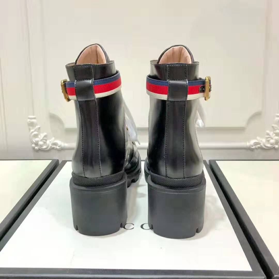Gucci Women Gucci Leather Ankle Boot with Sylvie Web in Black Leather 2.5 cm Heel
