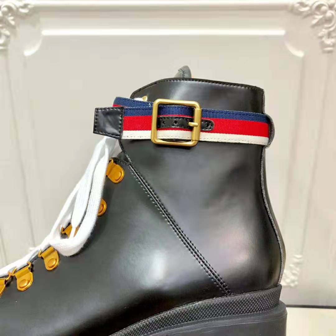 Gucci Women Gucci Leather Ankle Boot with Sylvie Web in Black Leather 2.5 cm Heel