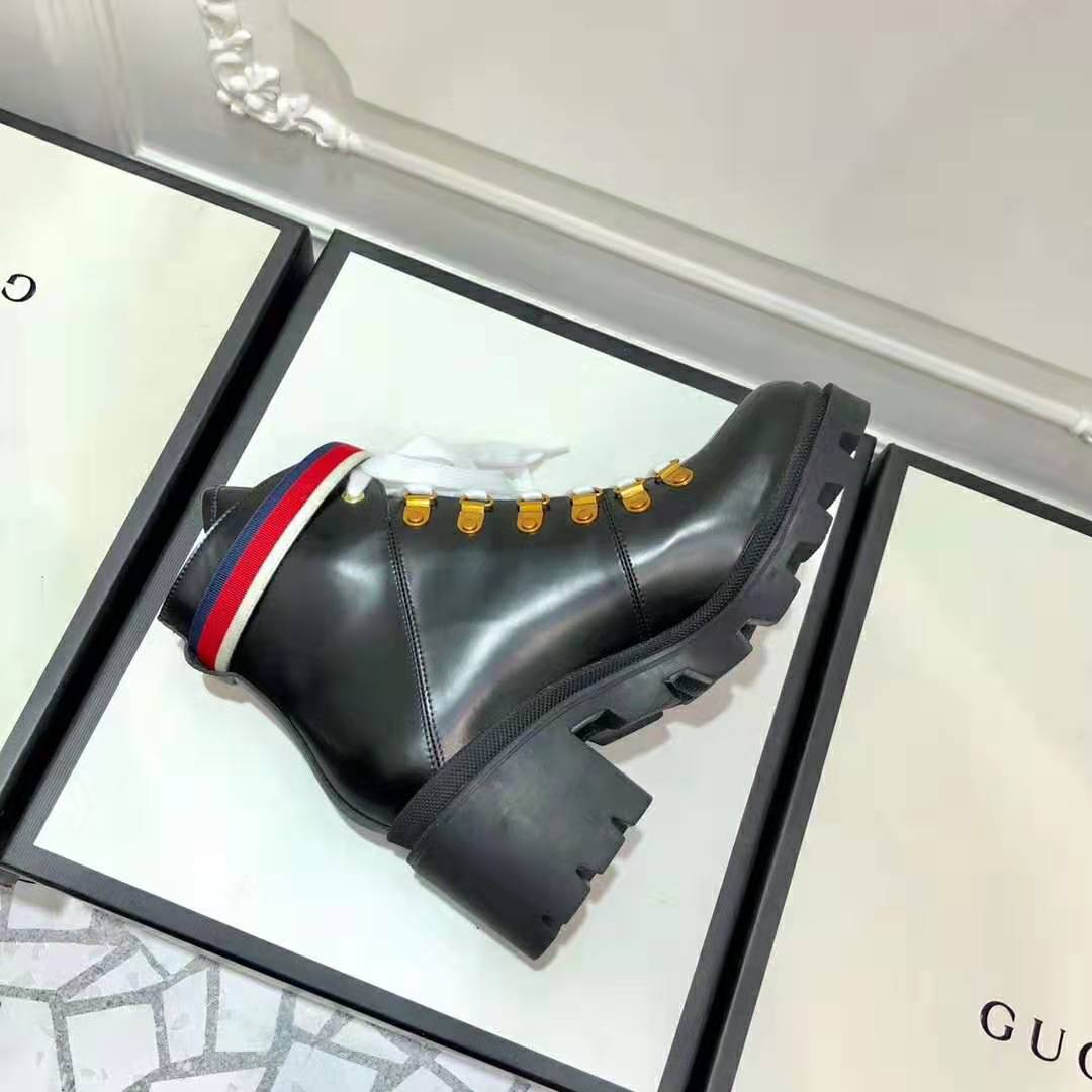 Gucci Women Gucci Leather Ankle Boot with Sylvie Web in Black Leather 2.5 cm Heel