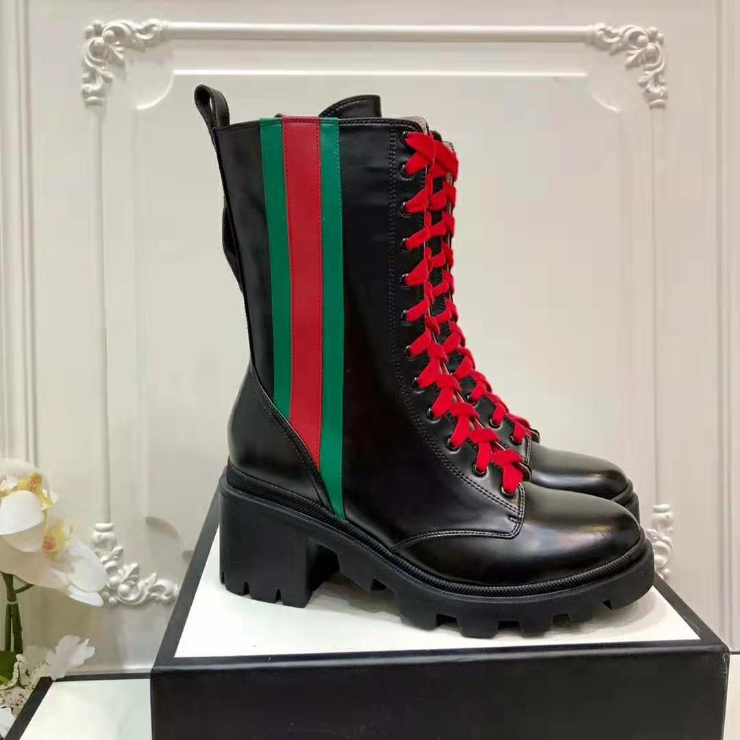Gucci Women Gucci Leather Ankle Boot with Web in Black Shiny Leather 4.8 cm Heel