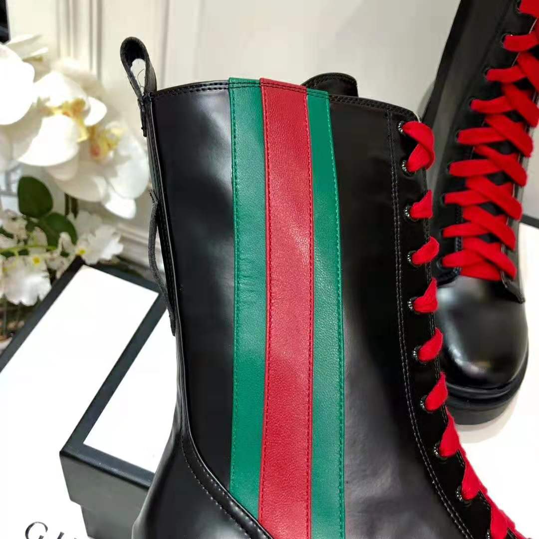 Gucci Women Gucci Leather Ankle Boot with Web in Black Shiny Leather 4.8 cm Heel